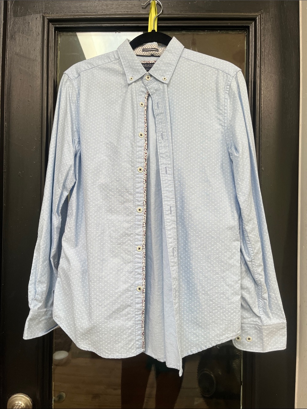 Denim & Flower Pale Blue Button-Down Shirt with Subtle Dot Print